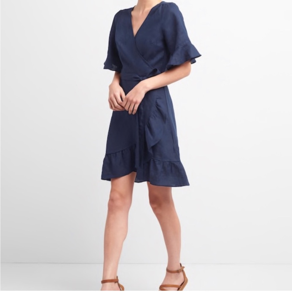 GAP 100% Linen Wrap Ruffle Tie Dress Size XS - Picture 2 of 5